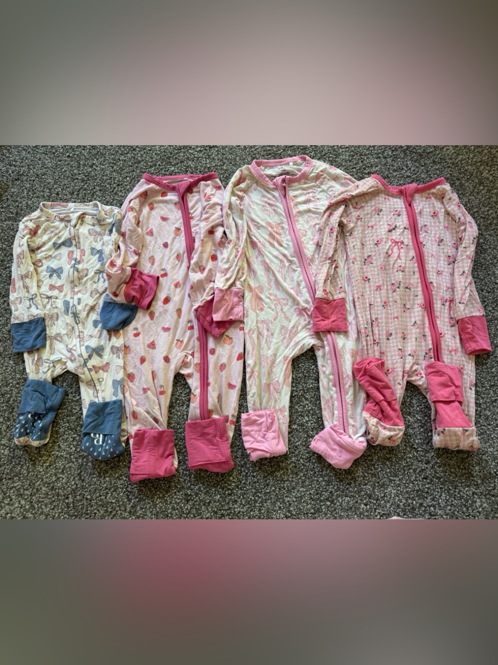 Assorted Girls Pink Heart, Bows, & Fruit Footed Pajama Bundle